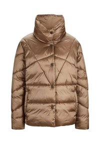 Braune Daunenjacke mit hohem Kragen, diagonalem Steppdesign, Druckknöpfen und einer glatten, glänzenden Textur.