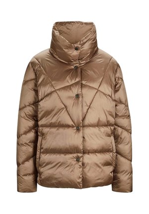 Bruine pufferjas met een hoge kraag, voorzien van diagonale stiksel, drukknoopsluitingen en een gladde, glanzende textuur.