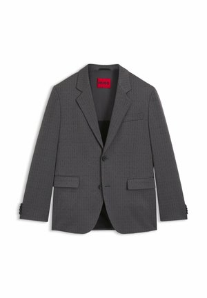 Grauer Blazer mit strukturiertem Muster, Ein-Knopf-Verschluss, Reverskragen, Fronttaschen und schwarzen, mit Knöpfen versehenen Manschetten. Sichtbares HUGO Markenetikett.