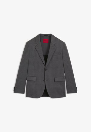 Grauer Blazer mit strukturiertem Muster, Ein-Knopf-Verschluss, Reverskragen, Fronttaschen und schwarzen, mit Knöpfen versehenen Manschetten. Sichtbares HUGO Markenetikett.
