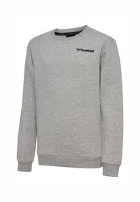 Sweatshirt gris en mélange de coton doux, avec un col rond, des manches longues et un petit logo noir en haut à gauche.