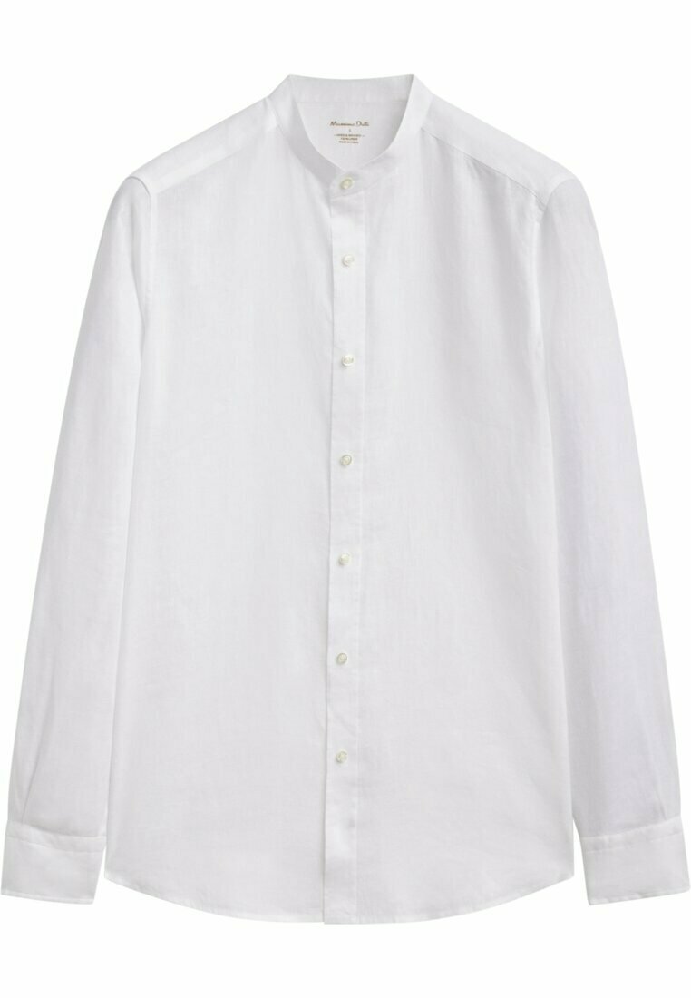 Chemise blanche à manches longues avec boutons et col mandarin, fabriquée en tissu léger, présentée à plat sur un fond blanc.