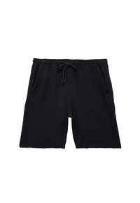 Schwarze Baumwollshorts mit elastischem Bund, verstellbarem Kordelzug, zwei Seitentaschen und lockerer Passform. Weicher Stoff und mittellange Länge.