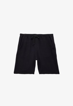 Shorts en coton noir avec une taille élastique, cordon de serrage réglable, deux poches latérales et une coupe décontractée. Tissu doux et longueur moyenne.