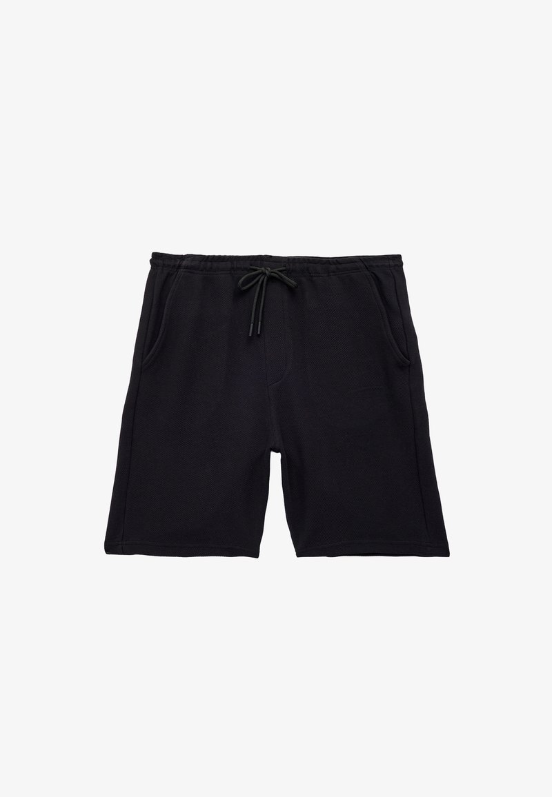 Shorts neri in cotone con vita elastica, cordino regolabile, due tasche laterali e vestibilità comoda. Tessuto morbido e lunghezza media.