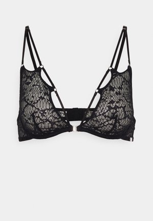 Bralette in pizzo nero con design triangolare, spalline sottili e regolabili, e una chiusura in argento. Tessuto a maglia aperta con dettagli floreali.