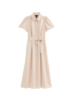Beżowa sukienka do kolan z krótkimi bufkami, zapięciem na guziki z przodu, kołnierzykiem oraz materiałowym paskiem wiązanym w talii.