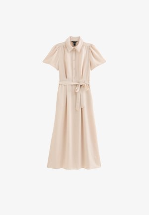 Beżowa sukienka do kolan z krótkimi bufkami, zapięciem na guziki z przodu, kołnierzykiem oraz materiałowym paskiem wiązanym w talii.