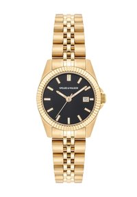 Montre en acier inoxydable doré avec un cadran noir, des marqueurs d'heure argentés, une fenêtre de date et une lunette texturée. Caractérisée par un bracelet en maillons dorés.