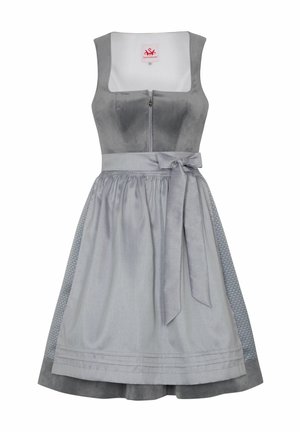 Robe grise avec un corsage ajusté, fermeture éclair et jupe évasée. Présente un nœud à la taille et des panneaux latéraux texturés. Tissu lisse.