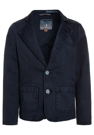 Blazer casual azul marino con dos bolsillos frontales, dos botones, solapas con muesca y un forro interior estampado con etiqueta dentro del cuello.