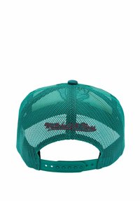 Türkisblaue Netzcap mit solidem Rückenpanel, Druckverschluss und gesticktem "Mitchell & Ness" in Kastanienbraun auf der Rückseite.