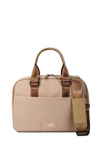 Beige synthetische Tasche mit Doppelgriffen und einem abnehmbaren Trageriemen. Verfügt über eine vordere Tasche und ein Logodetail am Boden. Glatte Textur.