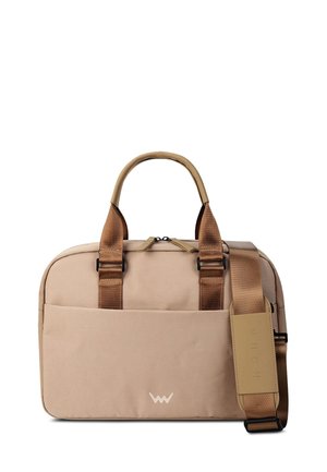 Beige synthetic bag with dual handles and a detachable strap. Features a front pocket and logo detail at the bottom. Smooth texture.