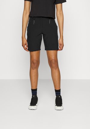 Shorts noirs au design ajusté, dotés de poches latérales zippées et d'une taille à cordon de serrage. Portés avec des baskets noires et des chaussettes à rayures bleues.