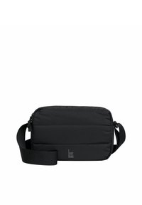 Borsa nera imbottita a spalla con forma rettangolare, una tracolla robusta e una chiusura con zip. Presenta un logo discreto sul fronte.