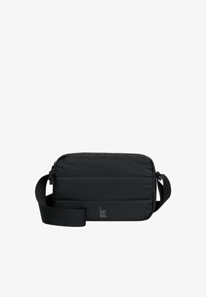 Borsa nera imbottita a spalla con forma rettangolare, una tracolla robusta e una chiusura con zip. Presenta un logo discreto sul fronte.