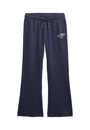 Mørkeblå sweats med snor i taljen, sidelommer og trykt logo "S.DRY NYC" i hvid. Blødt, strækbart stof med lige bendesign.