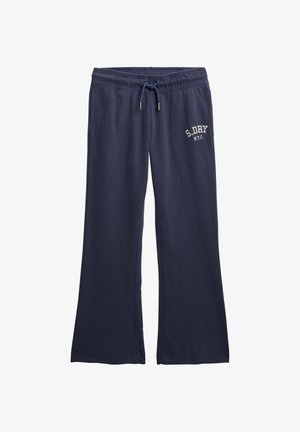 Pantalones deportivos azul marino con cintura elástica y cordón, bolsillos laterales y el logo impreso "S.DRY NYC" en blanco. Tejido suave y elástico con un diseño de pierna recta.