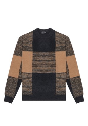 Gebreide trui met lange mouwen met een groot geruit patroon in zwart, bruin en beige kleurvlakken, ronde hals en geribde manchetten en zoom.