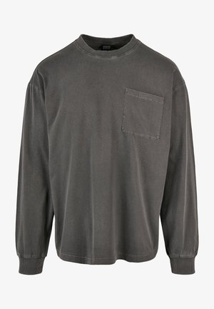 T-shirt à manches longues gris foncé avec col rond, une poche poitrine unique et des poignets côtelés, fabriqué en tissu de coton doux.