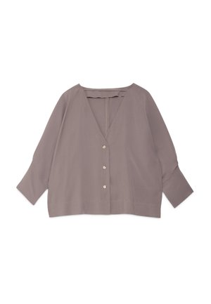 Cardigan taupe à col en V avec boutons, manches longues et larges poignets, étalé à plat sur un fond blanc.