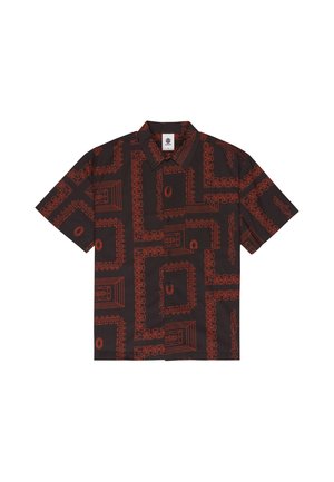 Schwarzes Kurzarmhemd zum Knöpfen mit roten geometrischen und abstrakten Linienmustern sowie einem Kragen.