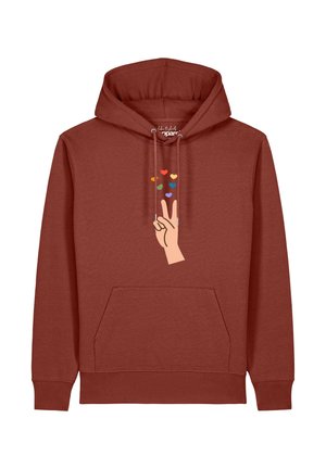 Kapuzensweatshirt in Rostfarbe mit Fronttasche, mit Friedenshandzeichen und kleinen mehrfarbigen Herzen über den Fingern auf der Brust.