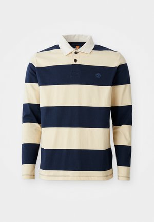 Camisa polo de manga larga en rayas horizontales azul marino y crema. Presenta un cuello, una tapeta con dos botones y un logo bordado en el pecho.