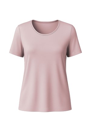 Tricou roz deschis din material neted, cu guler rotund și mâneci scurte, având o croială lejeră și fără modele sau accente vizibile.