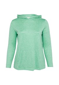 Grüner Hoodie mit langen Ärmeln aus weichem Material, ausgestattet mit einer vorderen Kängurutasche, Drop-Shoulder-Ärmeln und einer Kapuze mit Kordelzug.