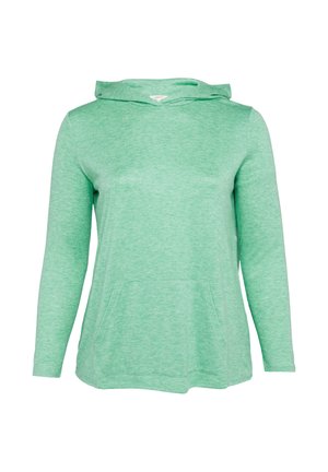 Zielona, długorękawowa bluza z kapturem, wykonana z miękkiego materiału, z przednią kieszenią kangurką, opadającymi ramionami i kapturem ze sznurkiem.