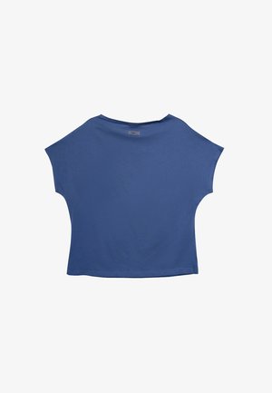 Krótki rękaw, luźna niebieska bluzka z szerokim dekoltem i opadającymi ramionami, prezentująca prosty i swobodny styl.