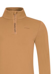 Tan lange mouwen pullover met een hoge kraag, voorzien van een halve rits en subtiele logo-details, gemaakt van gladde, rekbare stof.