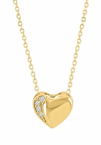 Collana con ciondolo a cuore in oro dalla finitura lucida, con quattro piccoli pietre preziose trasparenti su un lato e una sottile catena d'oro.