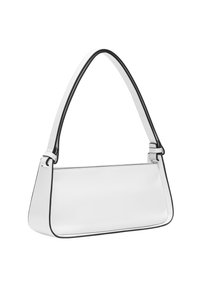 Borsa in pelle bianca con un design strutturato, dotata di piping nero e di un manico curvo, che offre una texture liscia e uno stile minimalista.