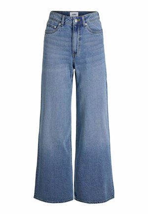 Jeans di denim blu a vita alta con gambe larghe, chiusura frontale con bottoni, cerniera e design a cinque tasche.