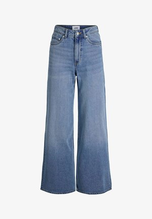 Jeans di denim blu a vita alta con gambe larghe, chiusura frontale con bottoni, cerniera e design a cinque tasche.