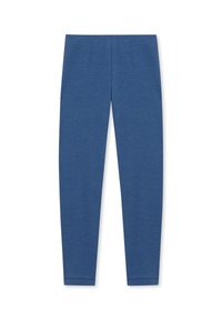 Leggings bleus en tissu doux et extensible. Ils présentent une texture lisse et légère avec une coupe ajustée et une taille élastique.