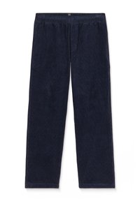 Pantalon en velours côtelé bleu marine avec une coupe droite, taille élastique et tissu texturé. Couture simple et propre le long des coutures.