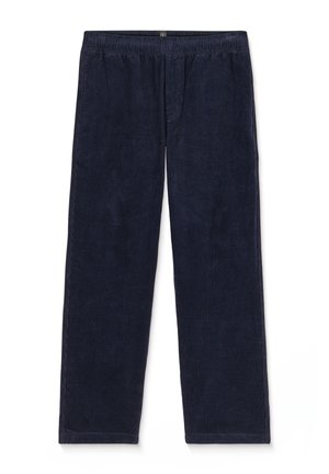Donkerblauwe corduroy broek met een rechte pijp, elastische tailleband en een textuurstof. Eenvoudige en nette stiksels langs de naden.
