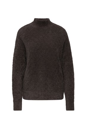 Maglione marrone, morbido e peloso, con collo alto e maniche lunghe. Tessuto soffice e vestibilità rilassata, caratterizzato da un design semplice e minimalista.