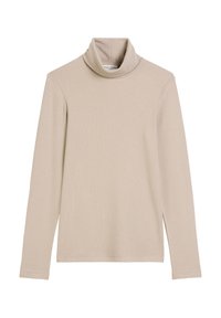 Beige Rollkragenoberteil aus weichem, elastischem Material. Mit langen Ärmeln und einem enganliegenden, hohen Kragen. Einfaches, minimalistisches Design ohne Muster.