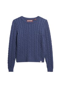 Pull tricoté bleu avec motif torsadé, col rond, manches longues et ourlet côtelé. Présente un petit logo vert sur le devant.