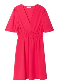 Robe rose avec un décolleté en V profond et de courtes manches bouffantes. Dotée d'une taille élastique et d'une jupe fluide. Fabriquée en tissu texturé.