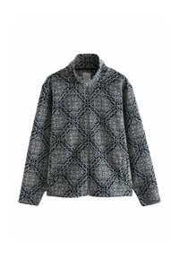 Giacca imbottita con zip e collo alto, caratterizzata da un motivo floreale blu navy e crema, tessuto testurizzato e tasche in vita su entrambi i lati.