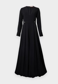 Schwarzes langärmeliges Kleid mit einem tiefen V-Ausschnitt, plissiertem Rock und zwei dekorativen runden Knöpfen am Bund. Hergestellt aus einem glatten Stoff.