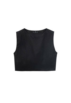 Top noir court avec un col rond, sans manches et texture lisse. Silhouette simple sans motifs ni embellissements.