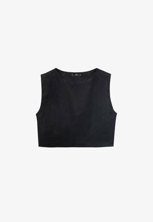 Zwarte cropped top met een ronde halslijn, mouwloos ontwerp en een gladde textuur. Eenvoudige silhouet zonder patronen of versieringen.