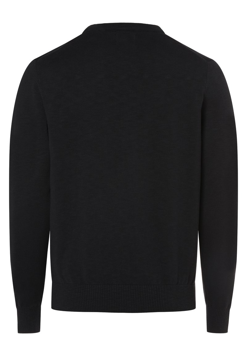 Schwarzer, langärmeliger Pullover mit Rundhalsausschnitt, glatter Textur und gerippten Bündchen und Saum. Keine Muster oder zusätzlichen Akzente sichtbar.